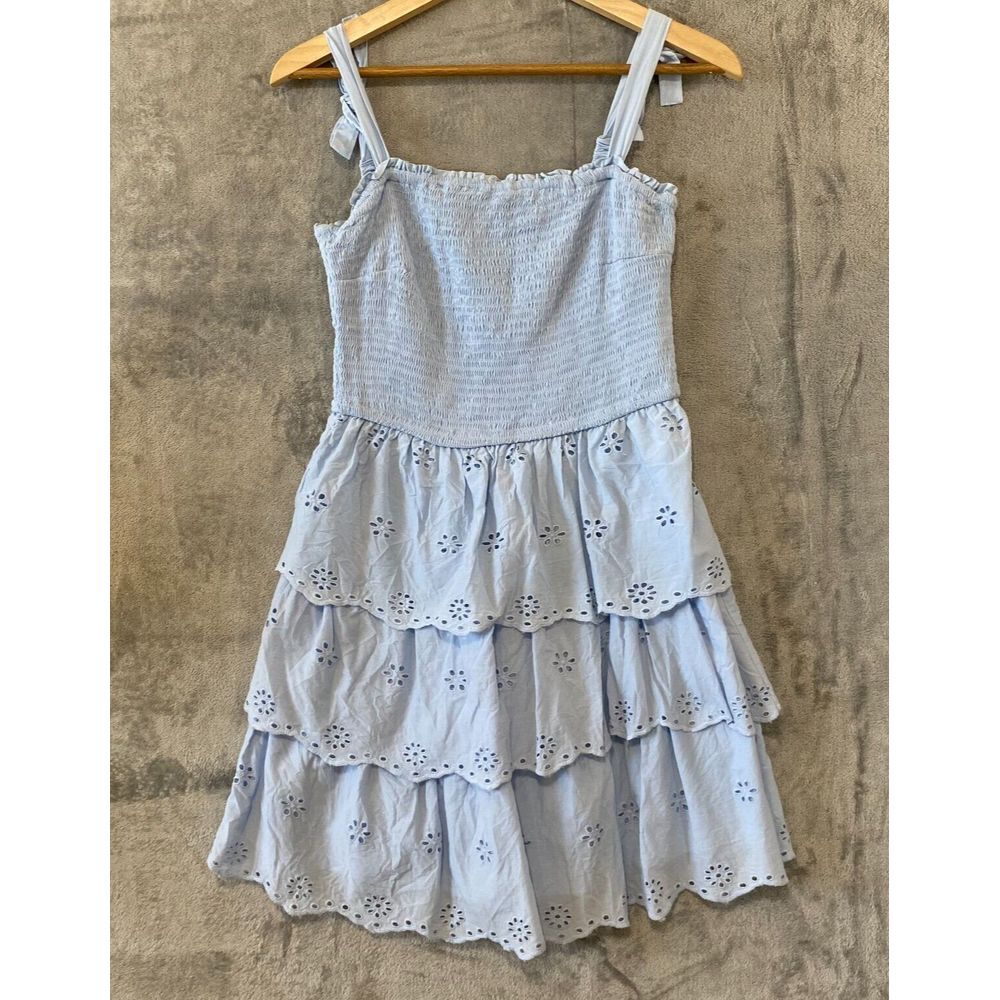 SINCERELY JULES Boho Baby Blue Smocked‎ Tiered Eyelet Dress 100% Cotton Sz L